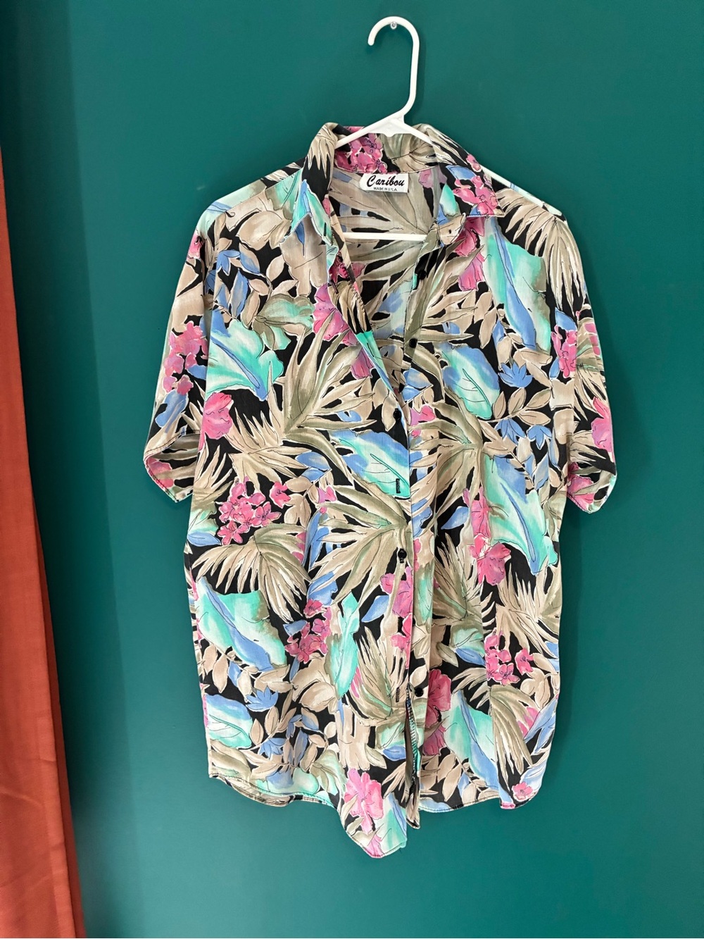 Vintage 90’s Men's Tropical Floral Short-Sleeve Shirt in Black with Mint & Pink